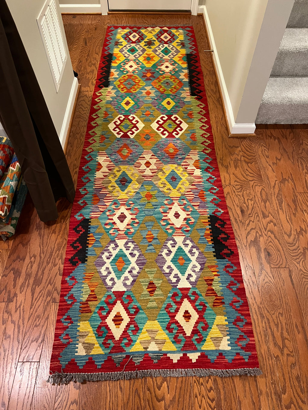 Afghan handwoven tribal runner rug / carpet 10 x 3 FT flatweave 100% wool قالین گلم افغانی اصیل