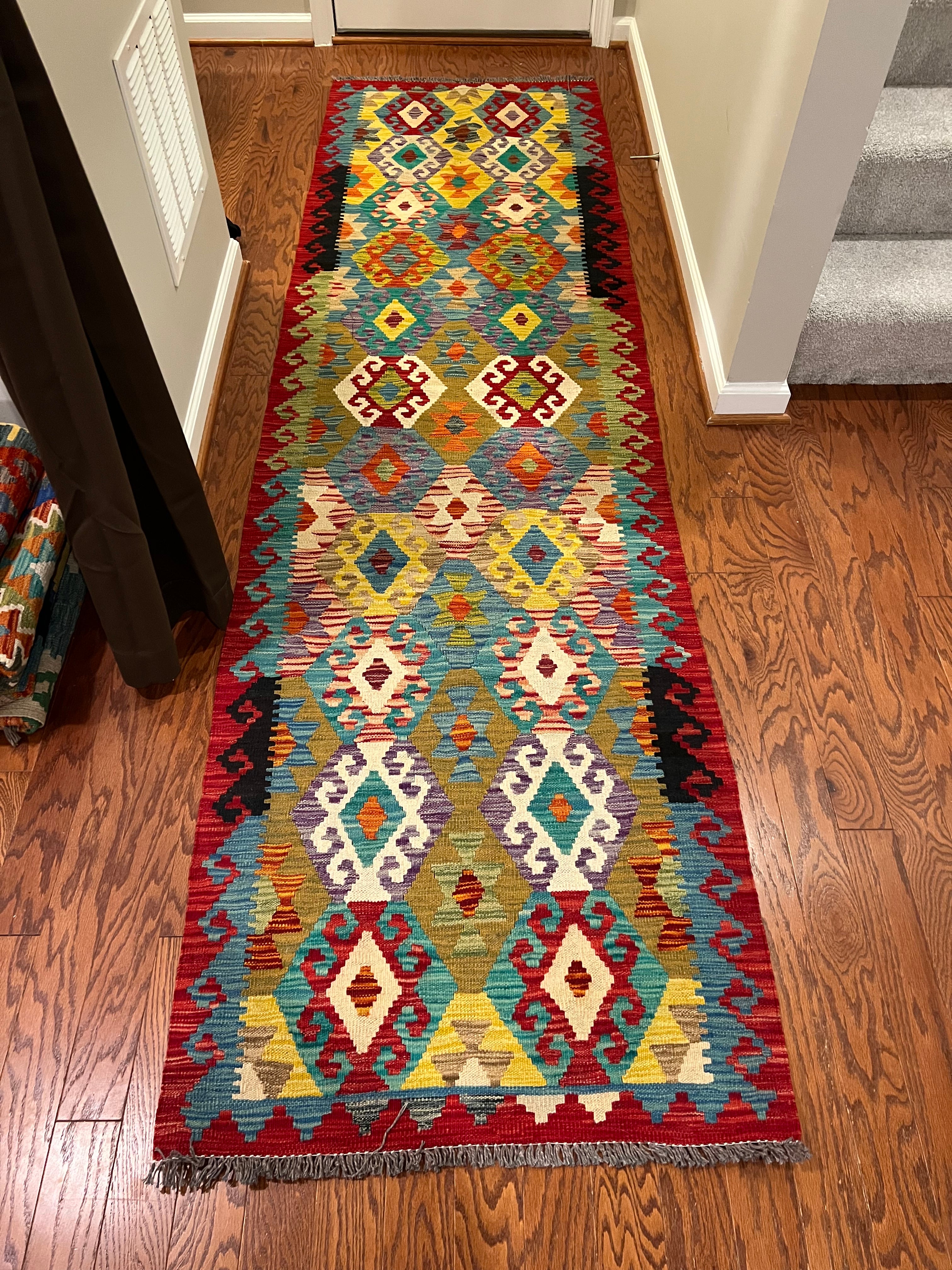 Afghan handwoven tribal runner rug / carpet 10 x 3 FT flatweave 100% wool قالین گلم افغانی اصیل
