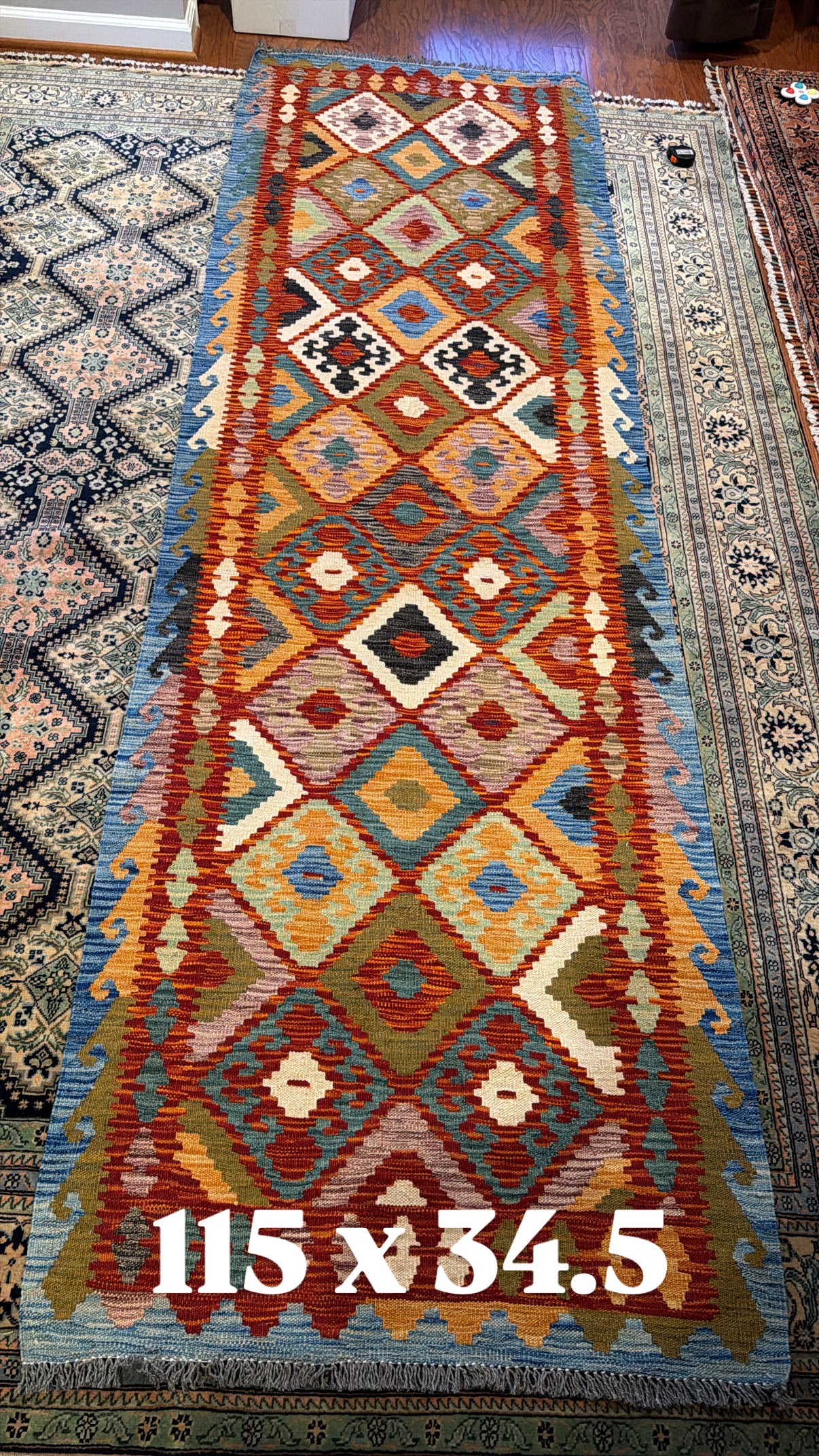 Afghan handwoven tribal runner rug / carpet 10 x 3 FT flatweave 100% wool قالین گلم افغانی اصیل