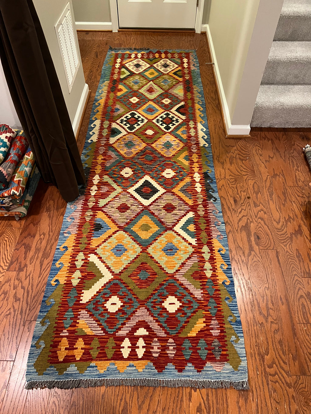 Afghan handwoven tribal runner rug / carpet 10 x 3 FT flatweave 100% wool قالین گلم افغانی اصیل