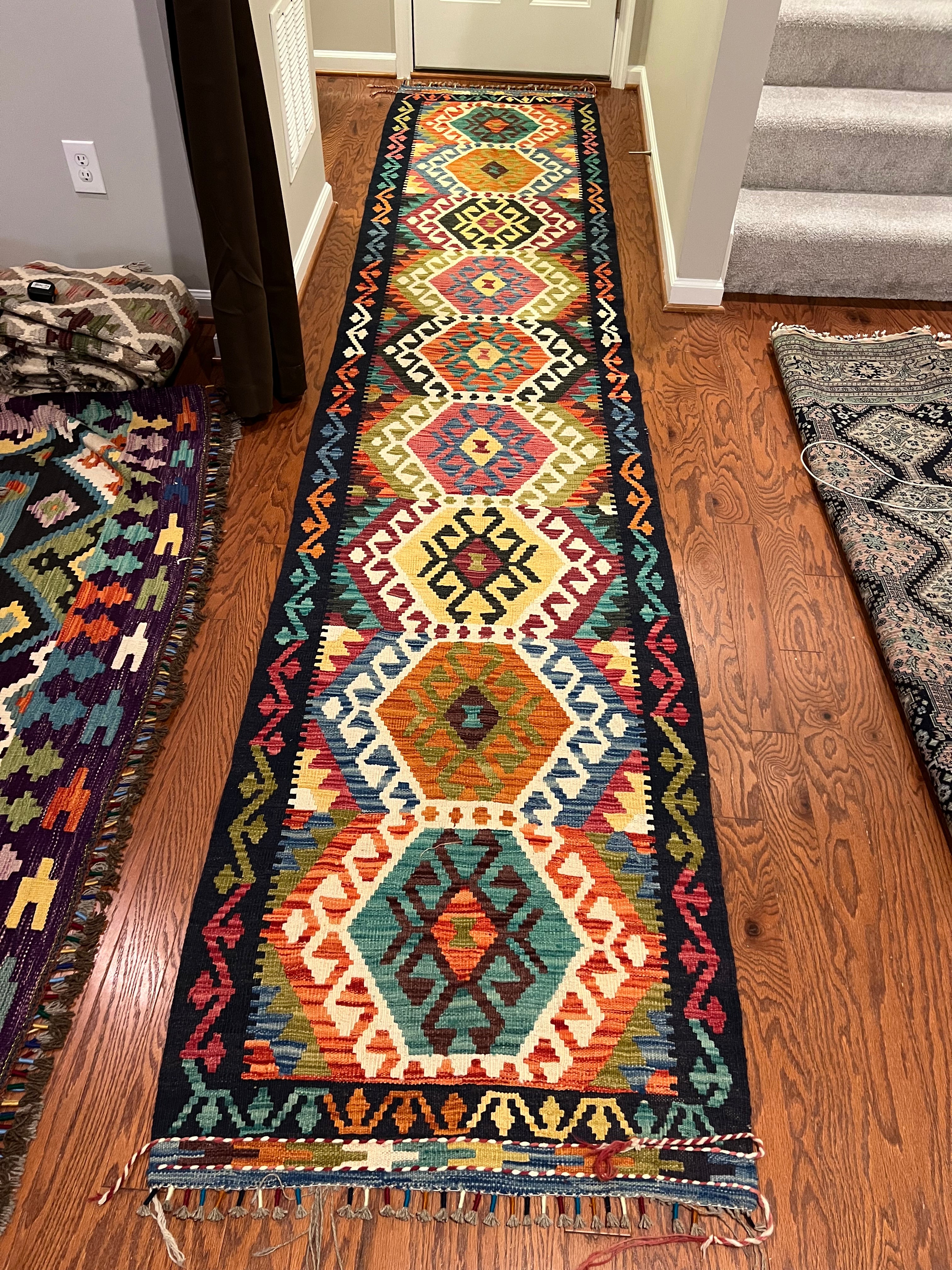Afghan handwoven tribal runner rug / carpet 6 x 3 FT flatweave 100% wool قالین گلم افغانی اصیل
