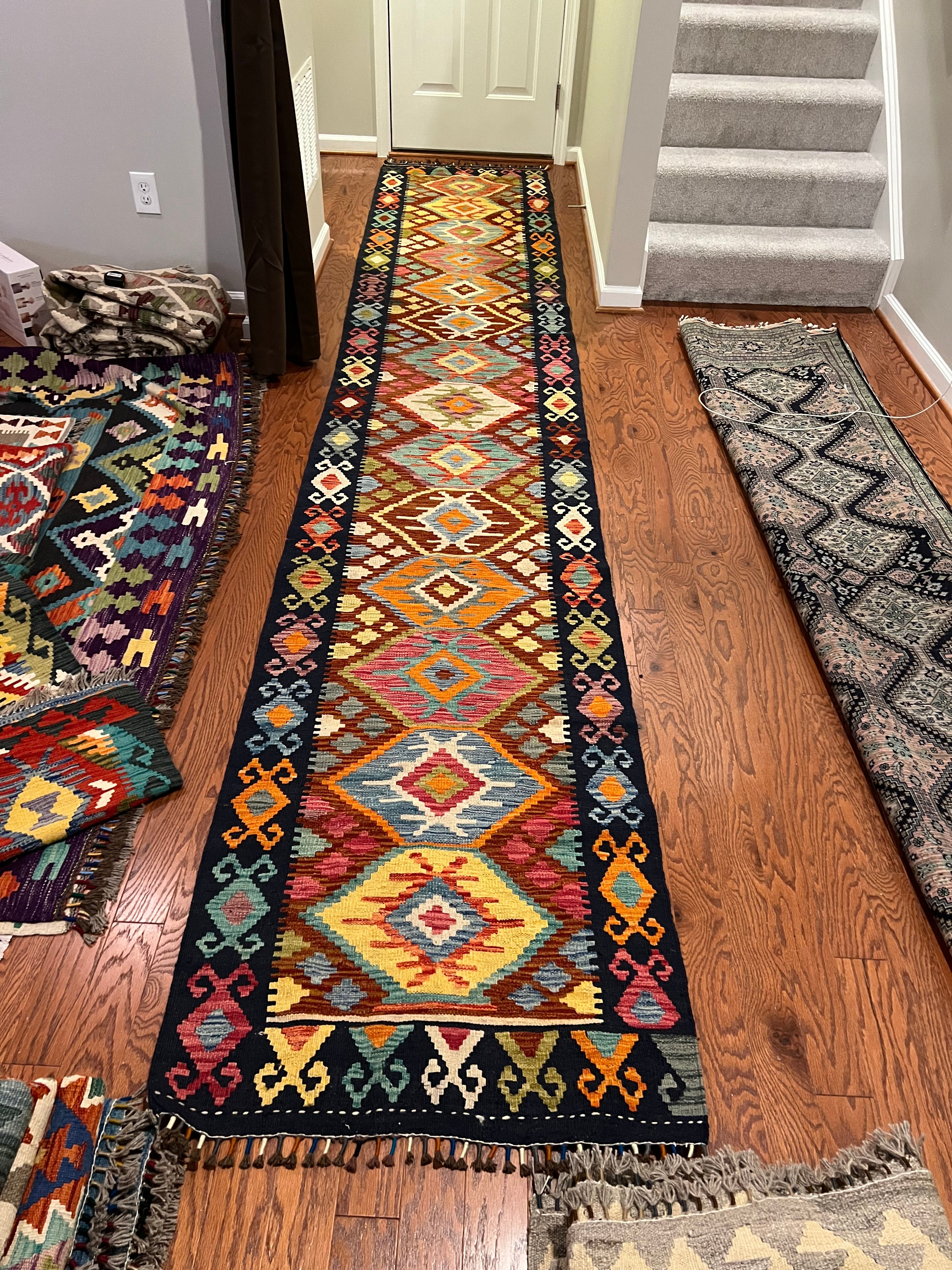 Afghan handwoven tribal runner rug / carpet 15 x 3 FT flatweave 100% wool قالین گلم افغانی اصیل