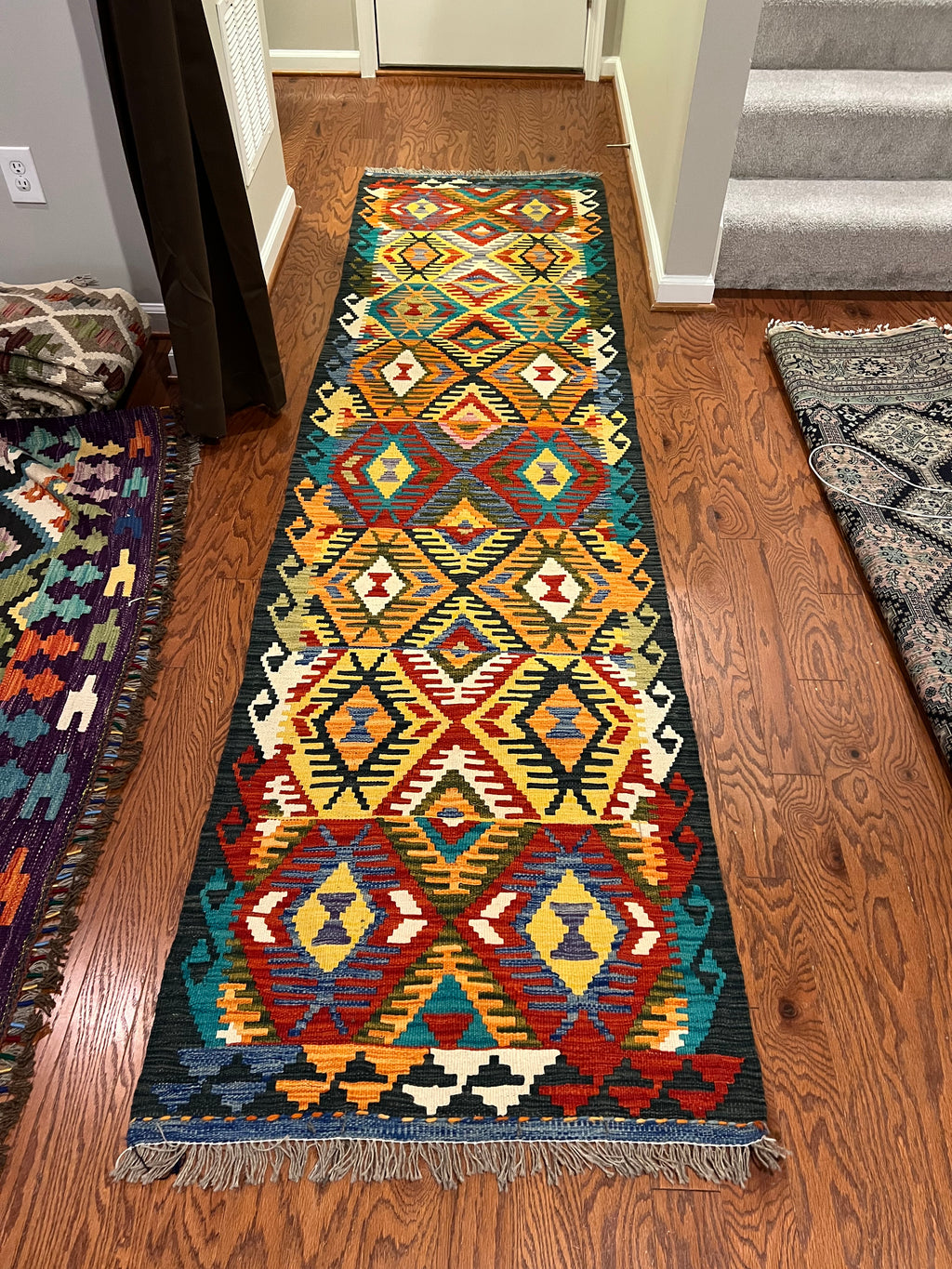 Afghan handwoven tribal runner rug / carpet 10 x 3 FT flatweave 100% wool قالین گلم افغانی اصیل