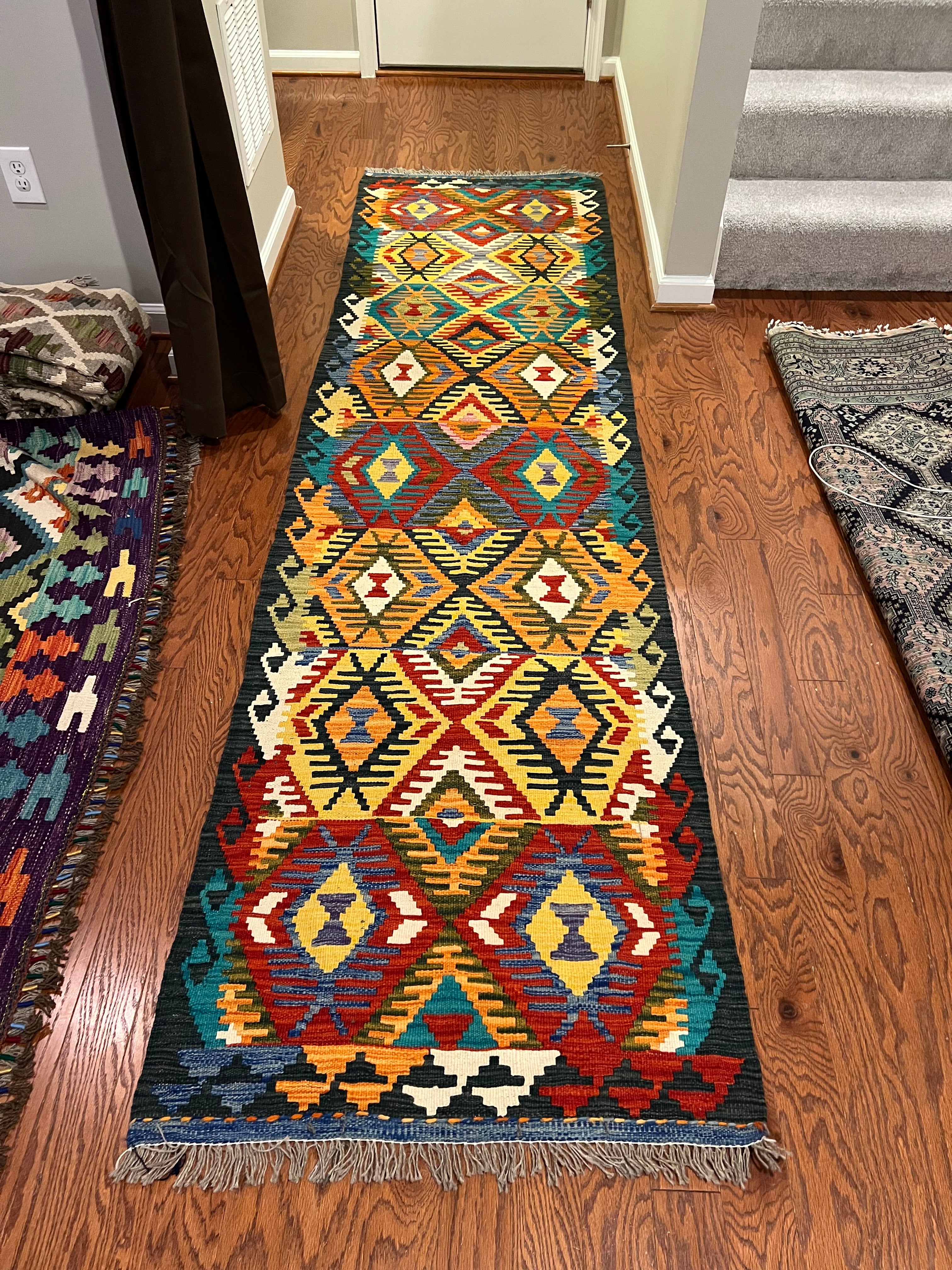 Afghan handwoven tribal runner rug / carpet 10 x 3 FT flatweave 100% wool قالین گلم افغانی اصیل