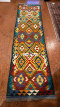 Afghan handwoven tribal runner rug / carpet 10 x 3 FT flatweave 100% wool قالین گلم افغانی اصیل