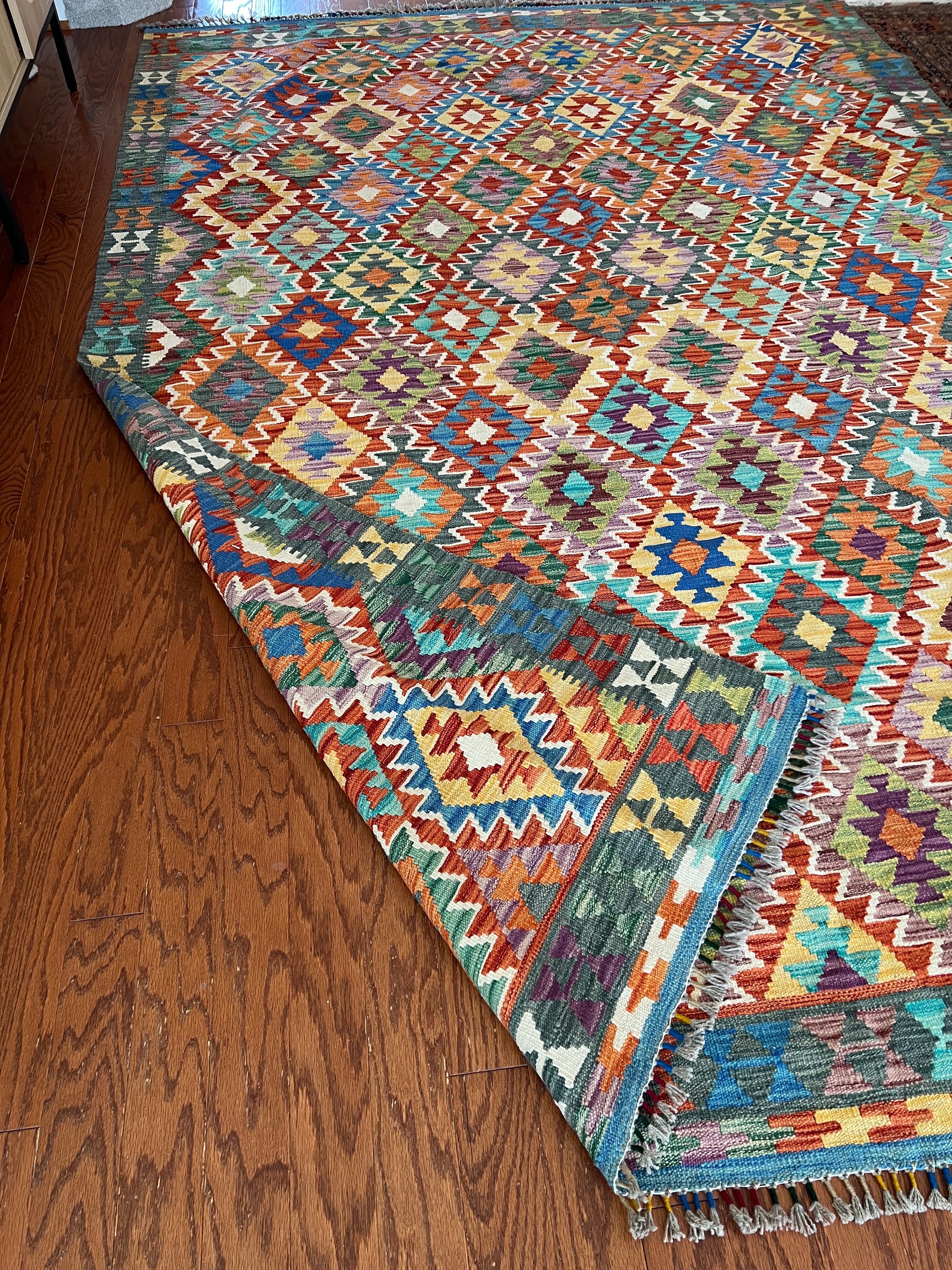 Afghan handwoven tribal living room rug / carpet 10 x 7 FT flatweave 100% wool قالین گلم افغانی اصیل