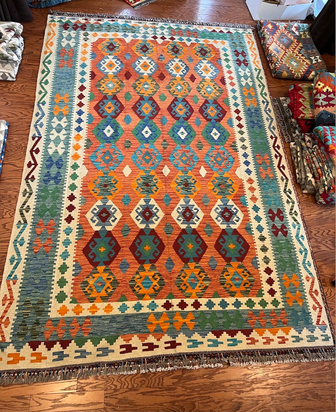 Afghan handwoven tribal living room rug / carpet 10 x 7 FT flatweave 100% wool قالین گلم افغانی اصیل