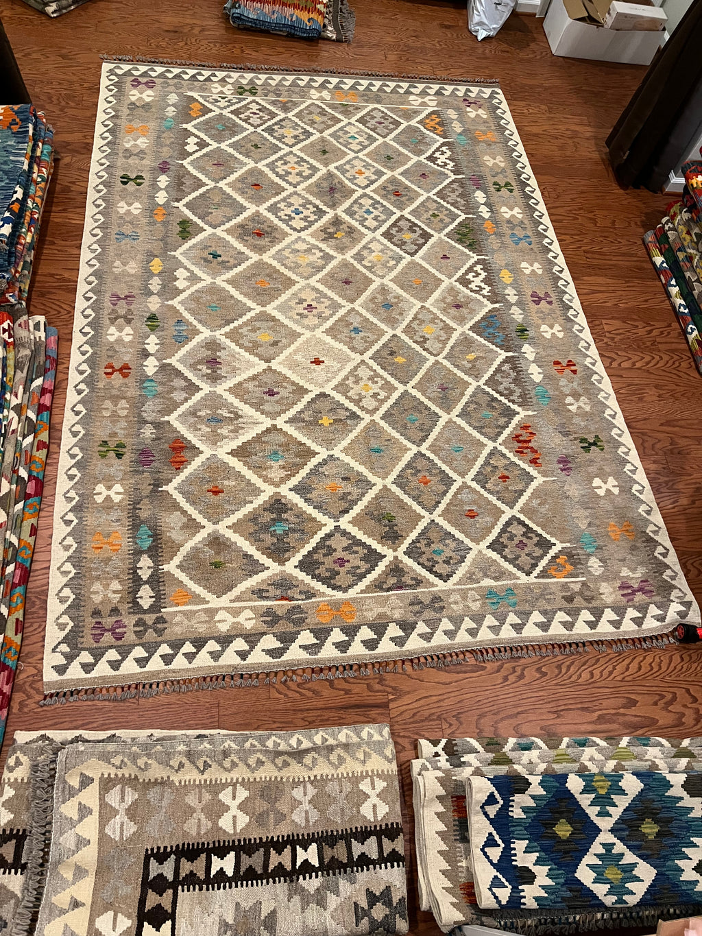 Afghan handwoven tribal living room rug / carpet 10 x 7 FT flatweave 100% wool قالین گلم افغانی اصیل