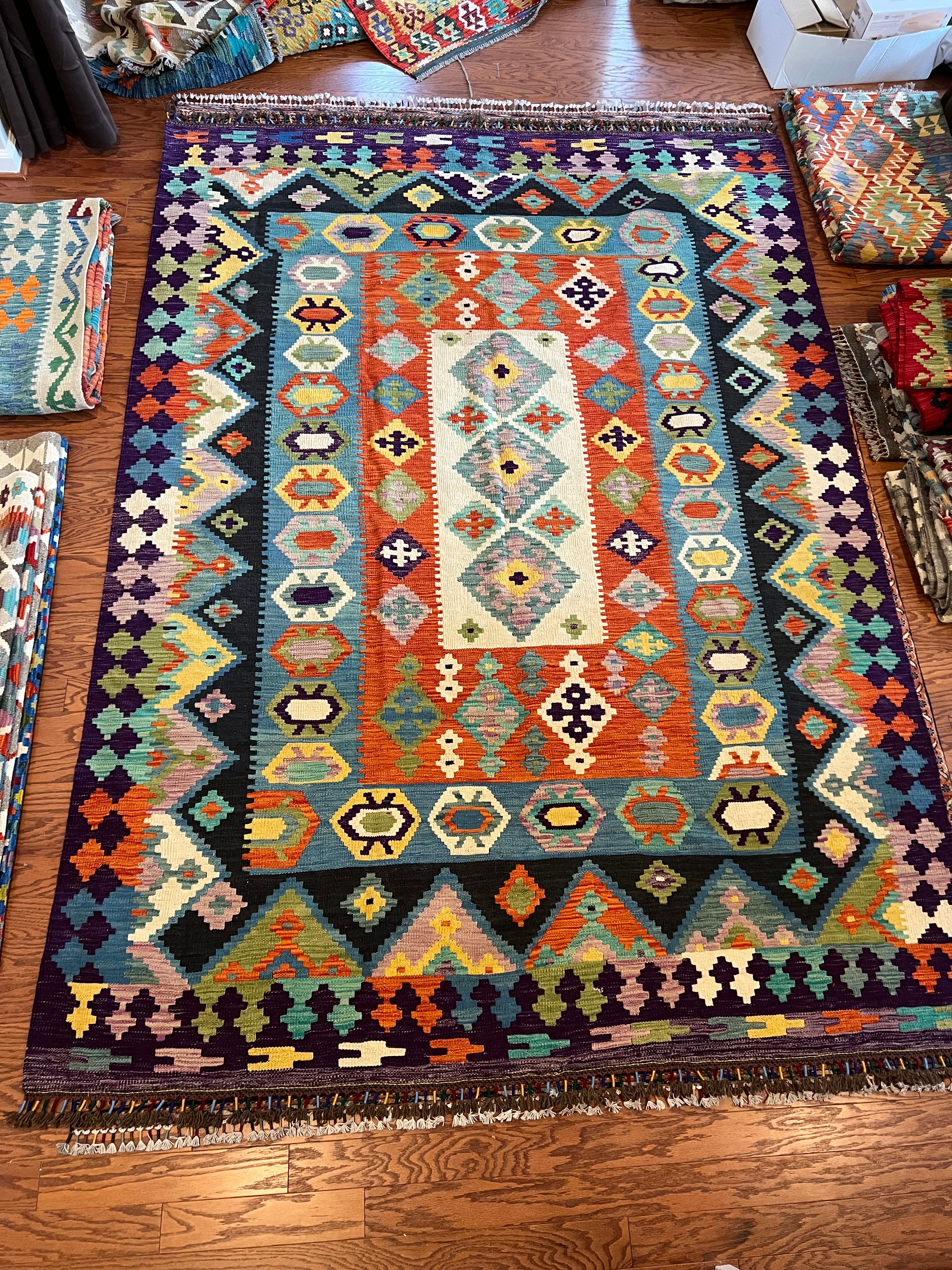 Afghan handwoven tribal living room rug / carpet 10 x 7 FT flatweave 100% wool قالین گلم افغانی اصیل