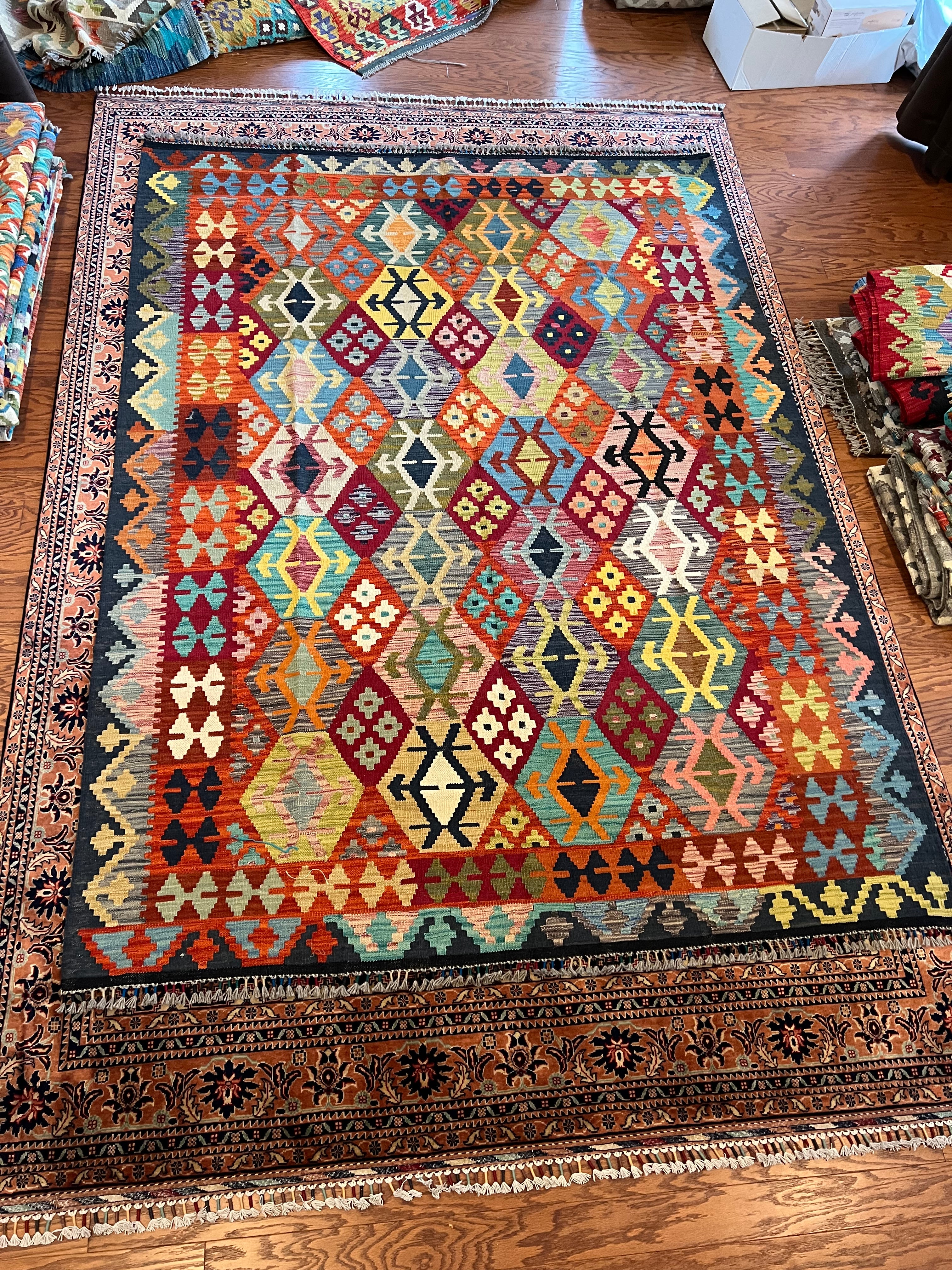 Afghan handwoven tribal living room rug / carpet 10 x 7 FT flatweave 100% wool قالین گلم افغانی اصیل