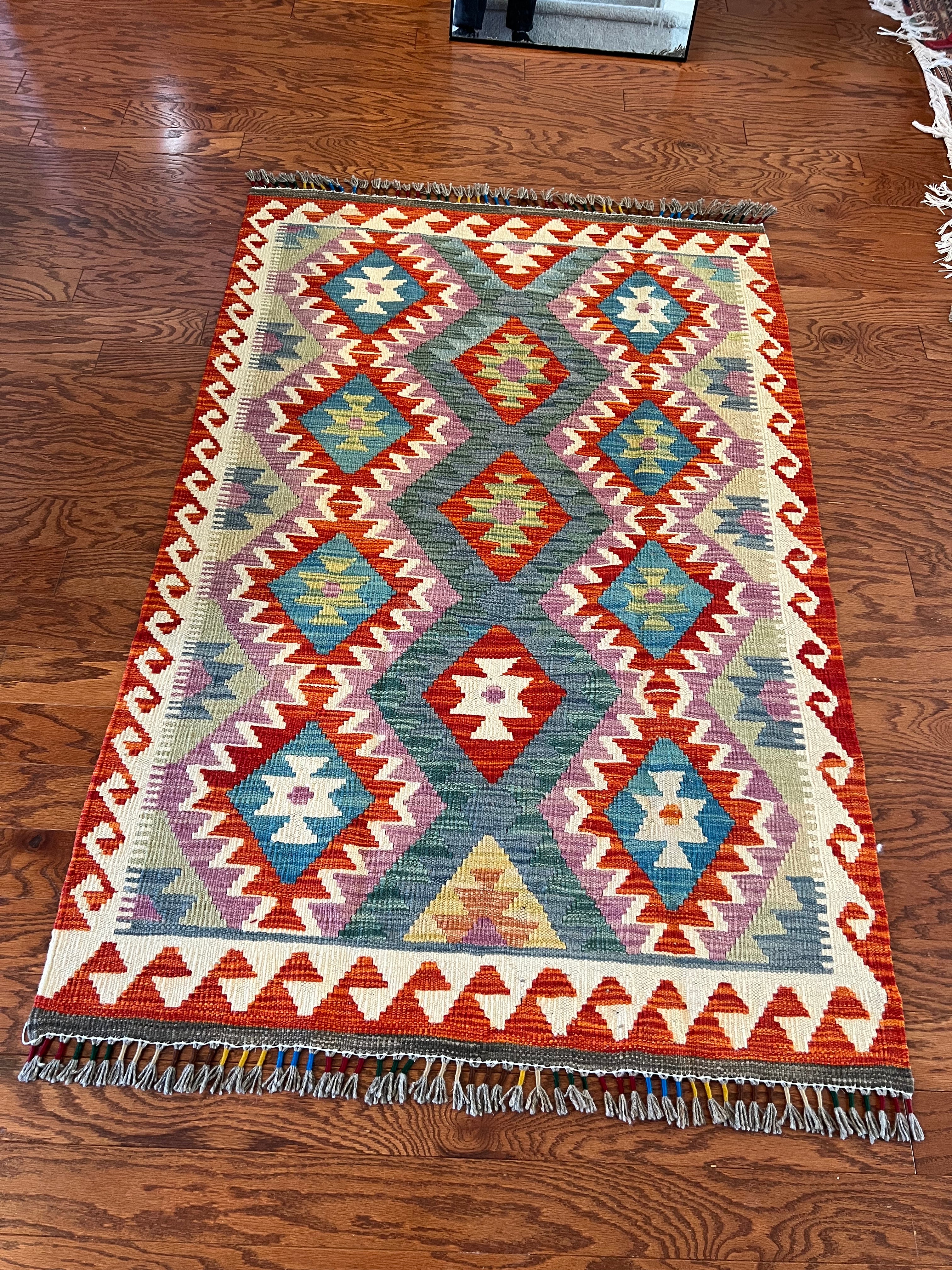 Afghan handwoven small area rug / carpet 4x 3 FT flatweave 100% wool قالین گلم افغانی اصیل
