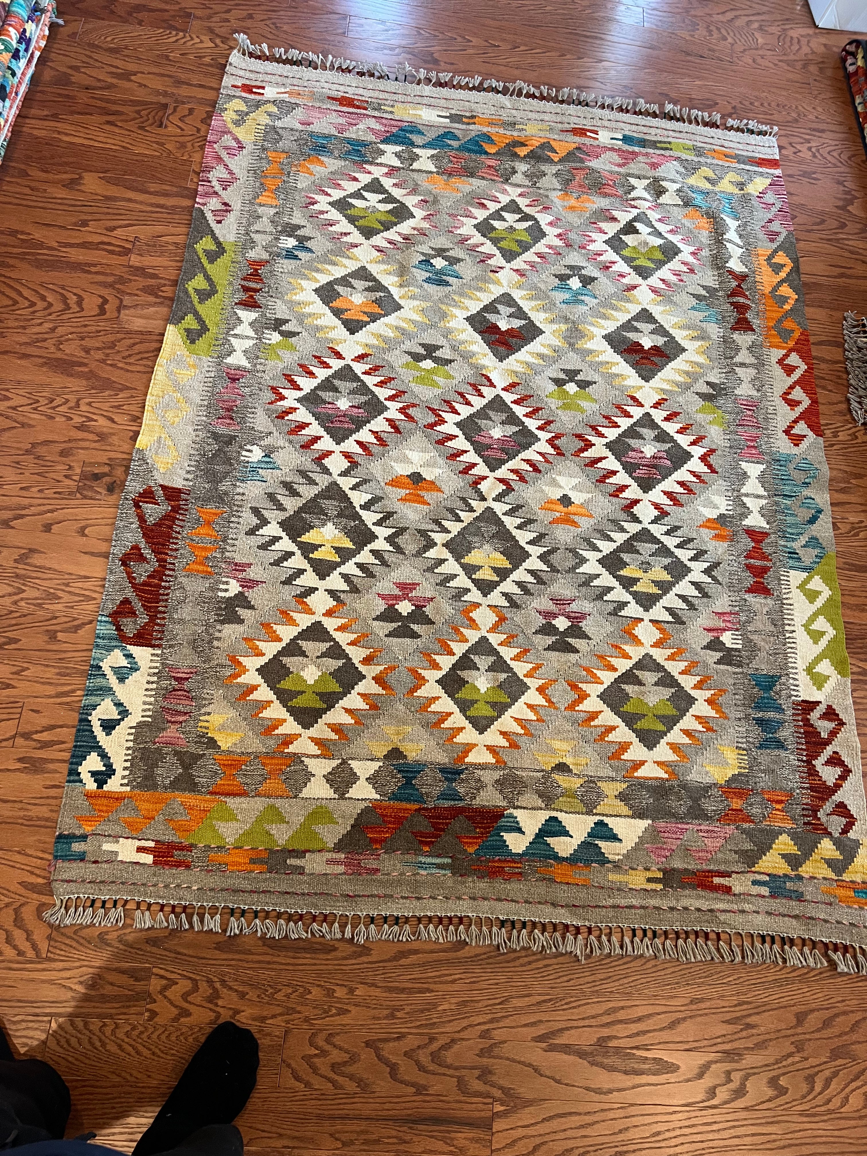 Afghan handwoven medium area rug / carpet 6.9x 5 FT flatweave 100% wool قالین گلم افغانی اصیل