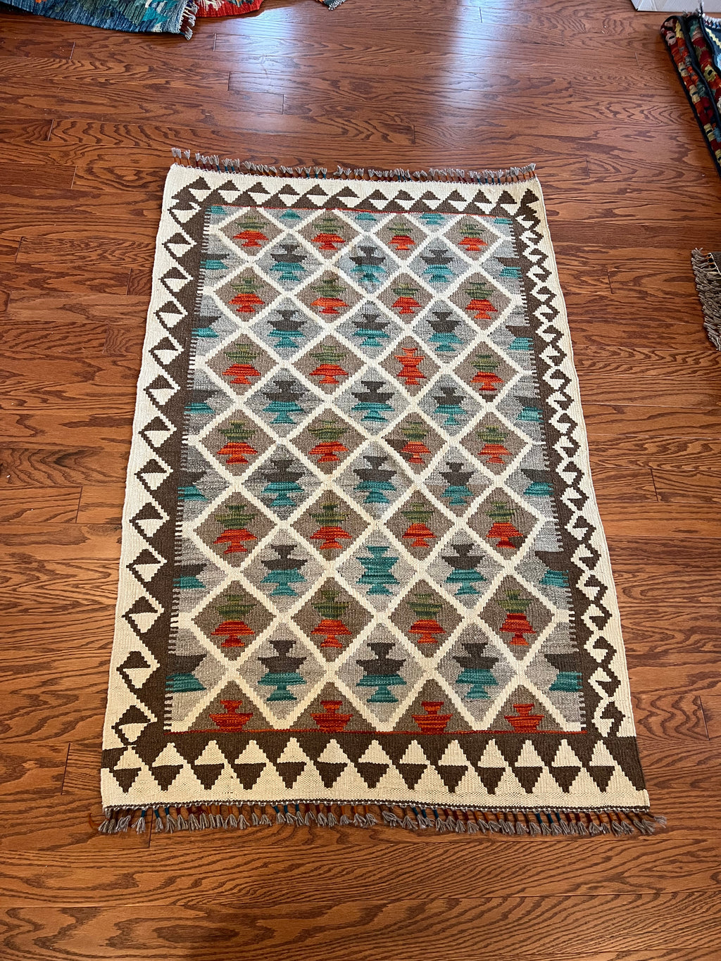 Afghan handwoven medium area rug / carpet 5x 3.4 FT flatweave 100% wool قالین گلم افغانی اصیل