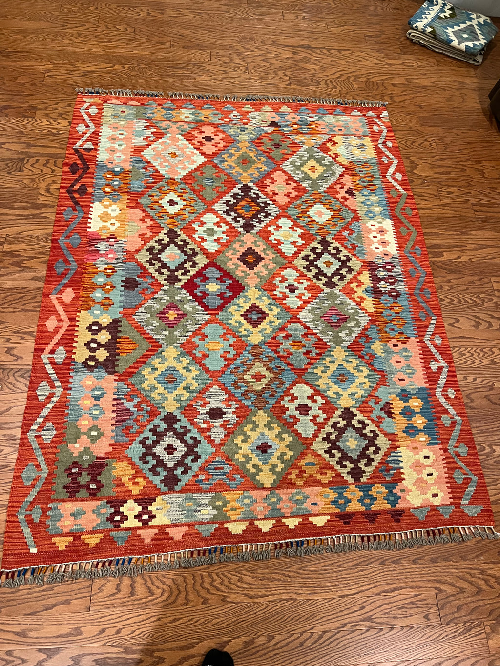Afghan handwoven medium area rug / carpet 6.9 x 5.3 FT flatweave 100% wool قالین گلم افغانی اصیل