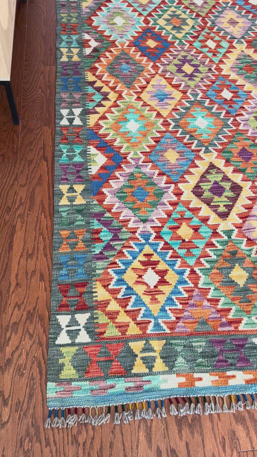 Afghan handwoven tribal living room rug / carpet 10 x 7 FT flatweave 100% wool قالین گلم افغانی اصیل