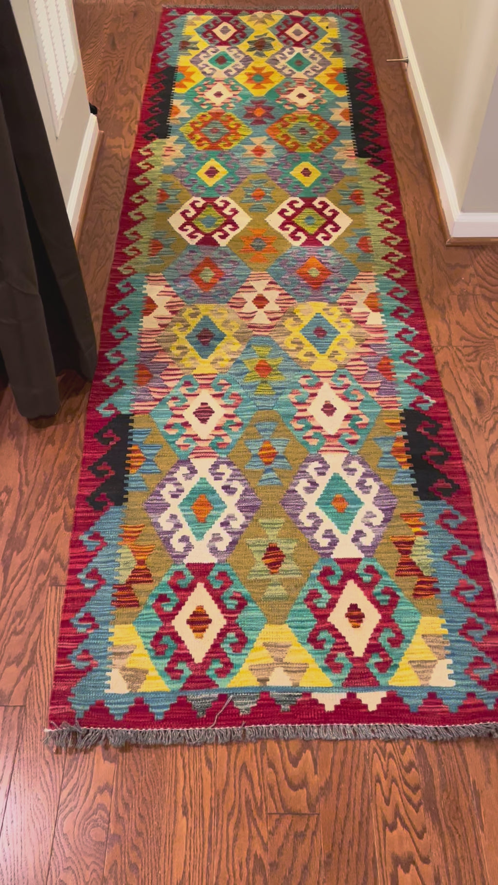 Afghan handwoven tribal runner rug / carpet 10 x 3 FT flatweave 100% wool قالین گلم افغانی اصیل