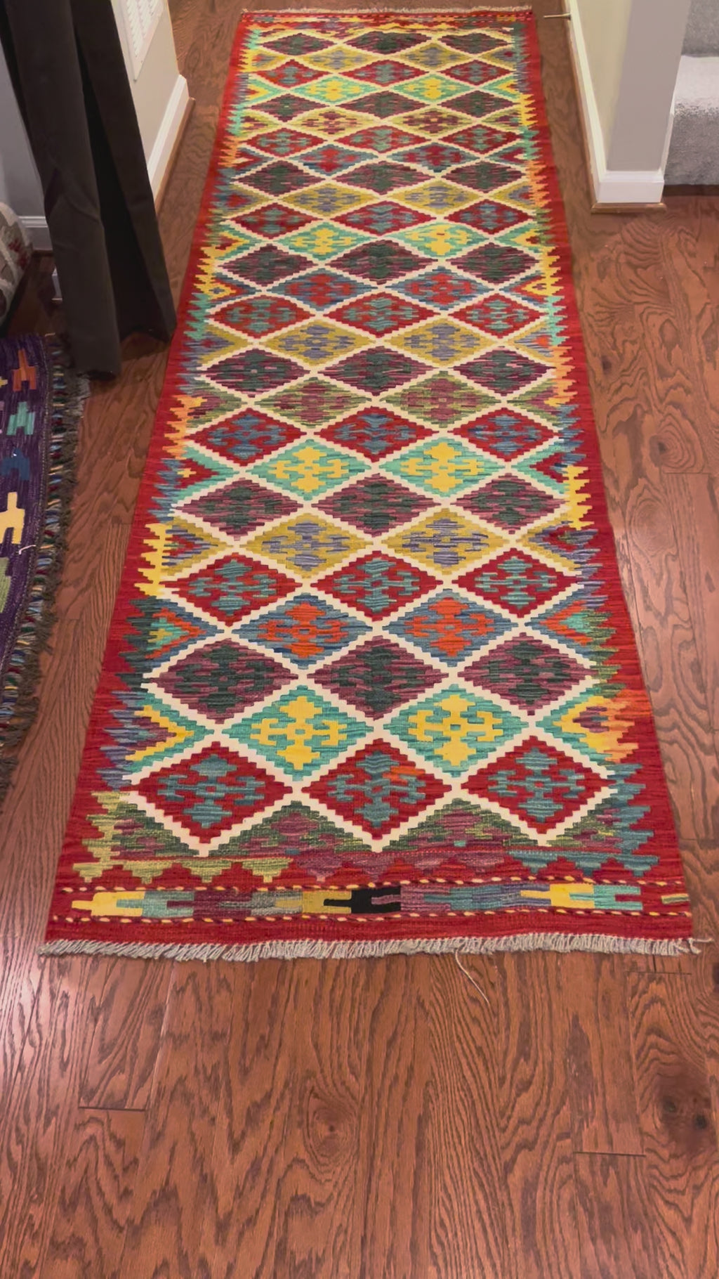Afghan handwoven tribal runner rug / carpet 10 x 3 FT flatweave 100% wool قالین گلم افغانی اصیل